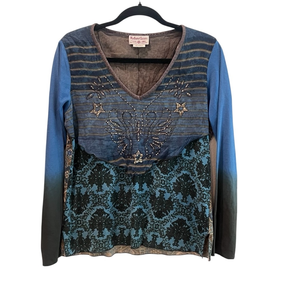 Marlboro Classics Long Sleeve Paisley Pattern Y2K Beaded Cotton Top Size XL
